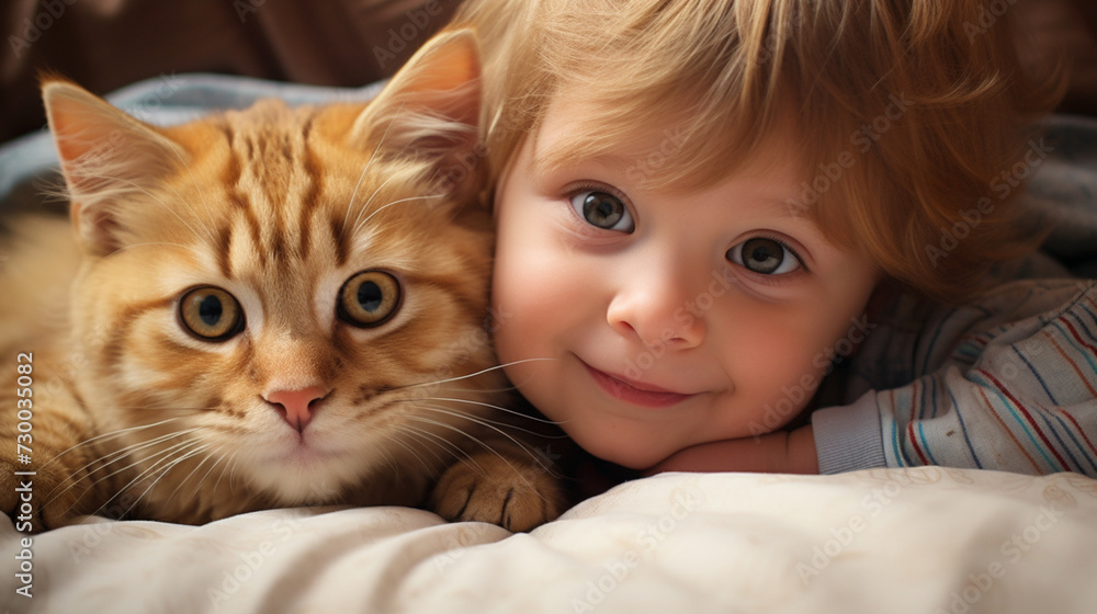 Small child lies on a bed with a cat. Kitten and baby childhood friendship. Baby and cat. Child and Kitten lying together on the bed Small child lies on a bed with a cat. Kitten and baby childhood friendship. Baby and cat. Child and Kitten lying together on the bed