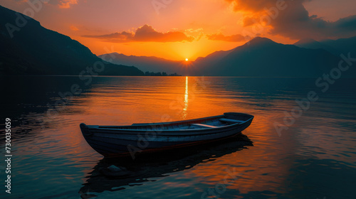 Boats float on a calm lake during a bright sunset, with the backdrop of towering mountains creating a stunning silhouette