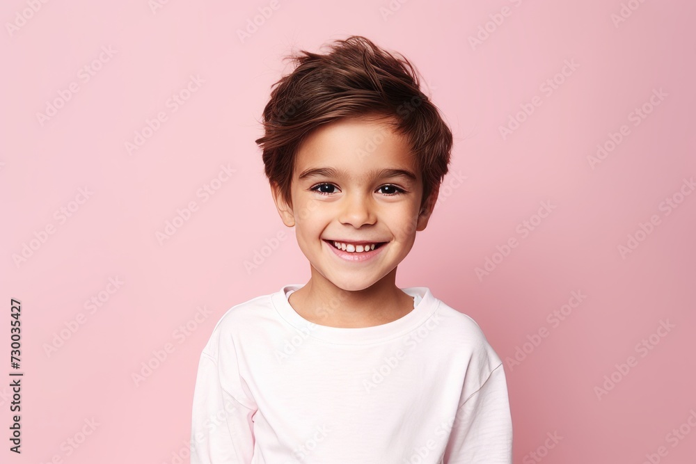 Portrait of a smiling little boy in a white T-shirt on a pink background Portrait of a smiling little boy in a white T-shirt on a pink background