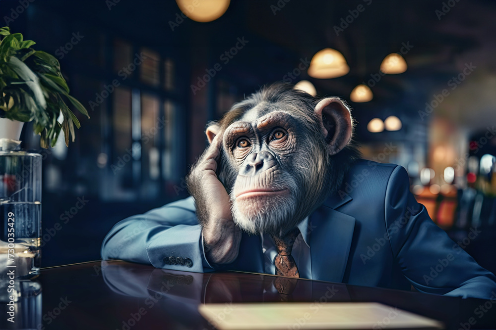 Monkey in business clothes is bored at work.
Monkey in business clothes is bored at work.