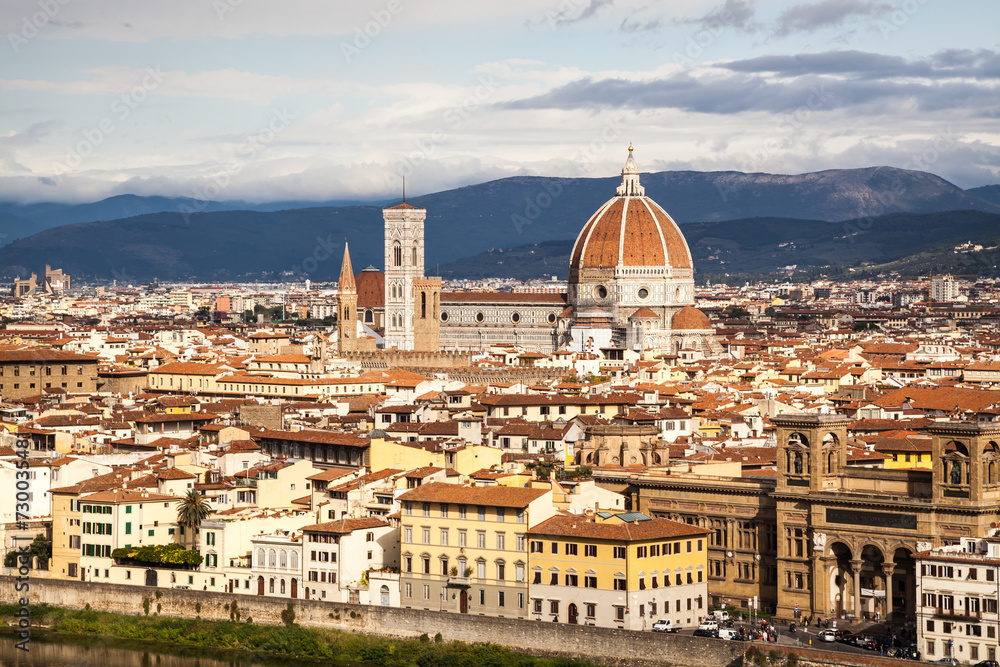 View of the Renaissance Duomo from Piazzale Michelangelo in the city of Firenze Florence, Italy.