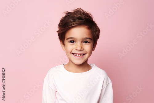 Portrait of a smiling little boy in a white T-shirt on a pink background