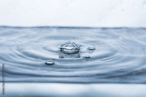 Vibrant water droplet reflection and floating bubbles on a pristine white background. Ideal for illustrating purity, freshness, or spa aesthetics