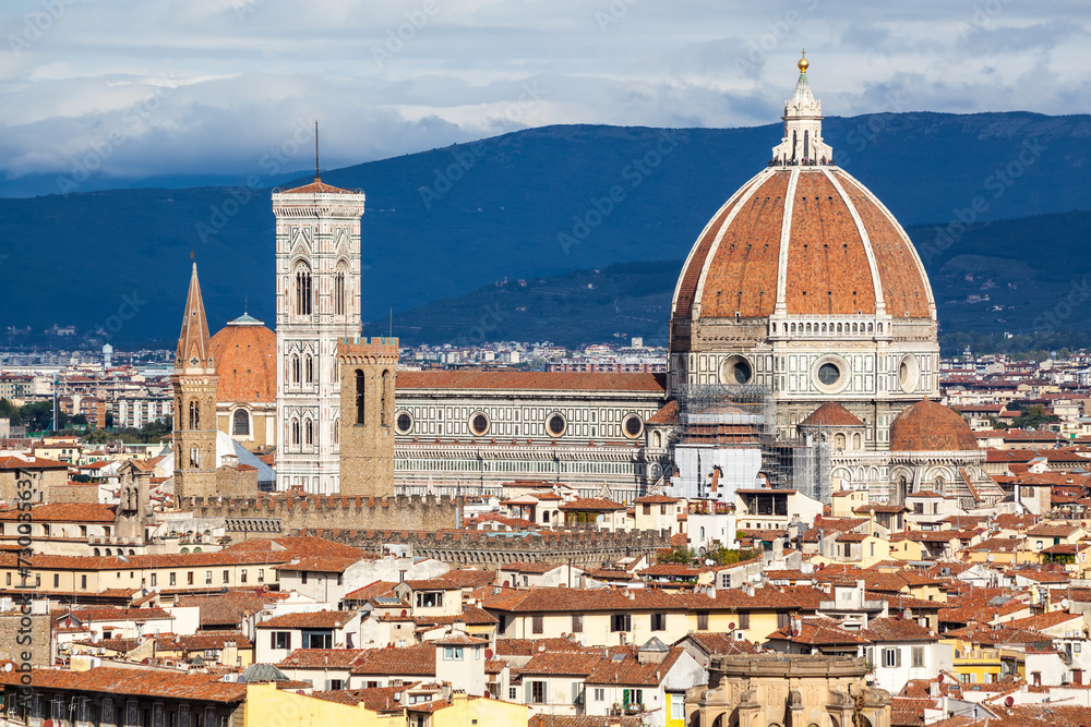 View of the Renaissance Duomo from Piazzale Michelangelo in the city of Firenze Florence, Italy.