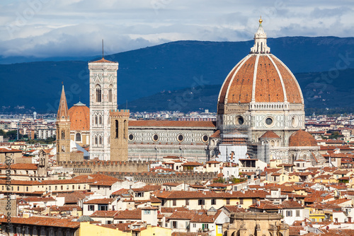View of the Renaissance Duomo from Piazzale Michelangelo in the city of Firenze Florence, Italy.