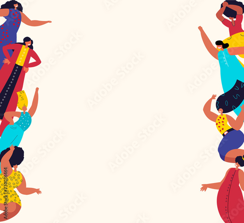 Banner,broadsheet, Leaflet with place for text,white background.Beautiful Women with Different Beauty,Hair,Skin Color.Different Races,Nations.Diversity.The Femininity Concept.Vector flat Illustration