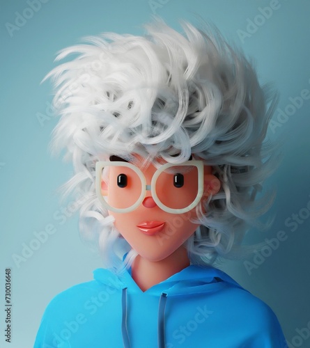 beautiful cool 3d female character with long white curly hair wearing glasses and blue hoodie