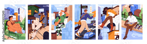Giant people walk in the city set. Big characters navigate with map on streets, relax in the park, listen to music at night, reading outdoors. Urban life concept posters. Flat vector illustrations