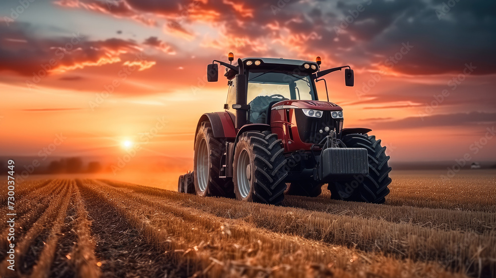 Tractor driving on the field at sunset. Generative AI.
