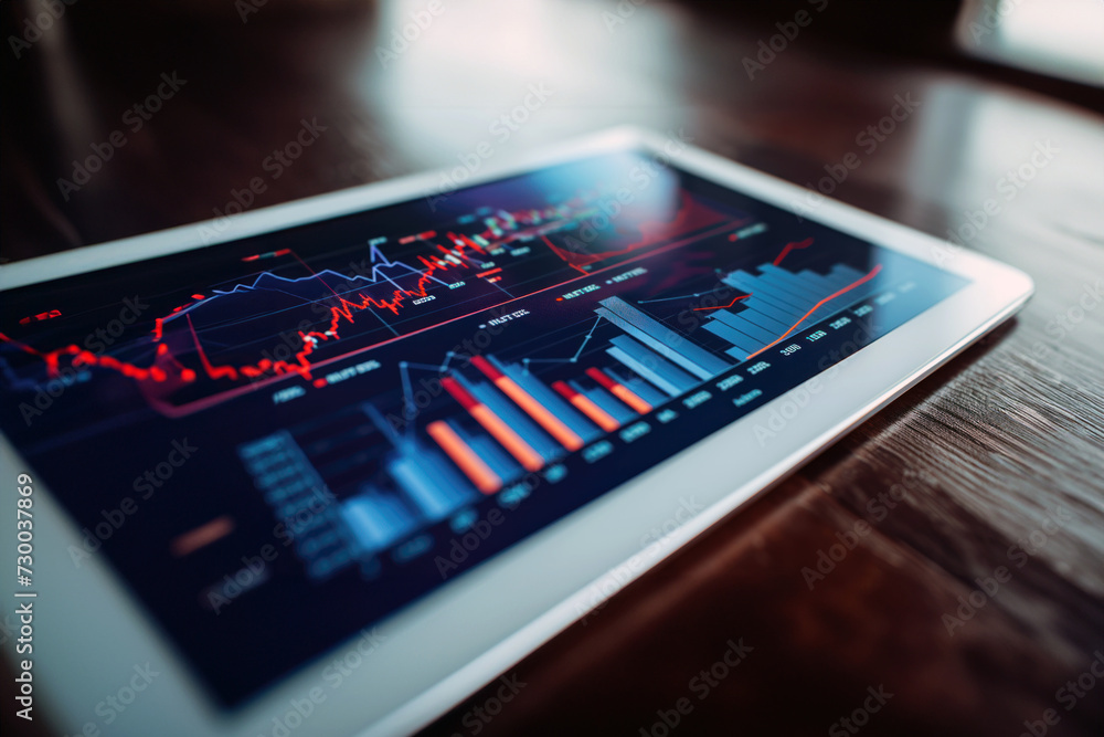 Tablet with a variety of charts and graphs. Dashboard with a business intelligence tool used to analyse and visualise data Tablet with a variety of charts and graphs. Dashboard with a business intelligence tool used to analyse and visualise data