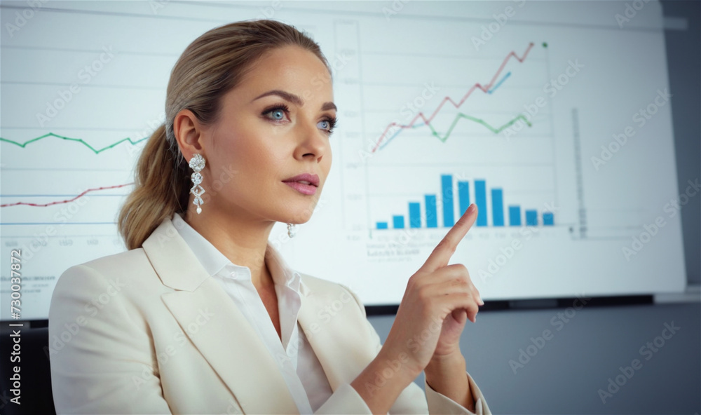 A CEO woman in a meeting showing graph going up A CEO woman in a meeting showing graph going up