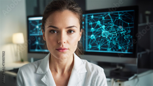 A woman working on neural network and AI. Woman working on brain science