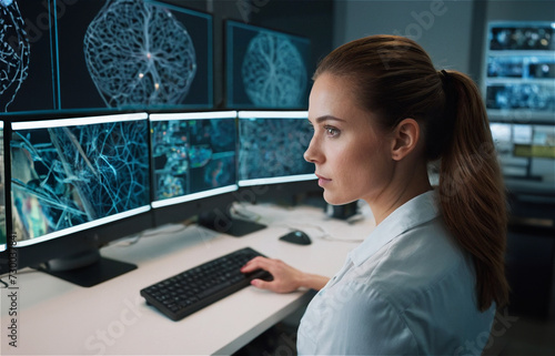 A woman working on neural network and AI. Woman working on brain science