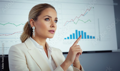 A CEO woman in a meeting showing graph going up