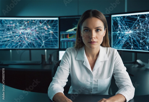 A woman working on neural network and AI. Woman working on brain science