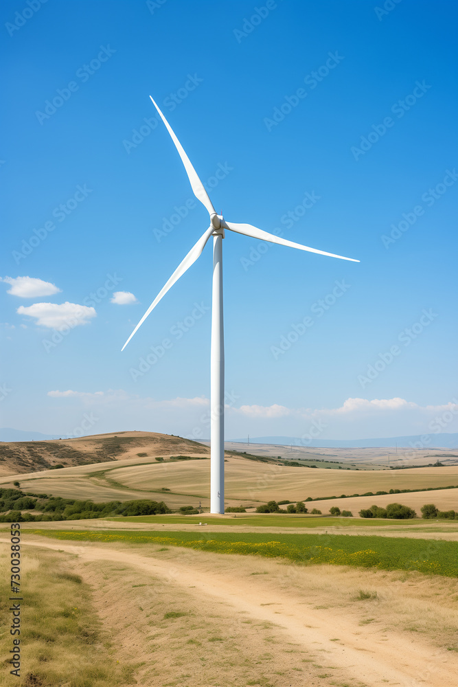 Fototapeta premium a wind turbine in a field with a dirt road