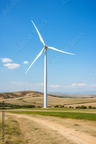 a wind turbine in a field with a dirt road