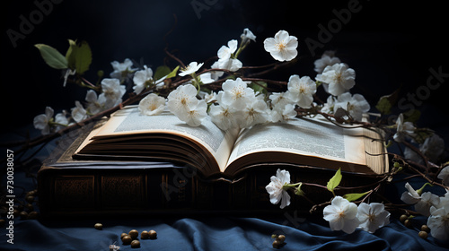 open book with flowers inside in the black background