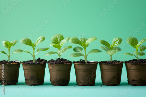 Pots with seedlings on a light green background, concept of agriculture, growing on a windowsill. Copy space