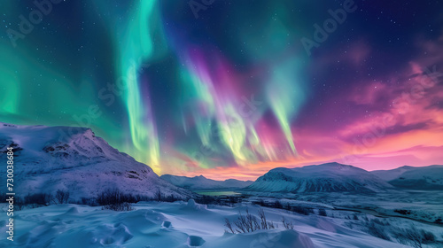 Aurora Borealis splendor over snowy mountain landscape © boxstock production