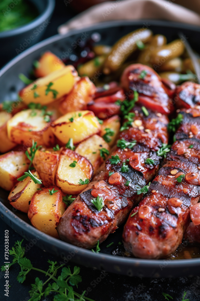 Barbecue grilled potatoes and sausages served on a plate Barbecue grilled potatoes and sausages served on a plate
