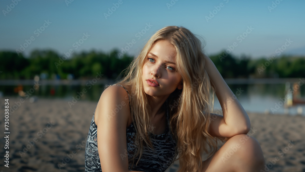 Fototapeta premium A serene scene capturing a Woman seated on a sandy beach, with lush trees and calm waters in the background, evoking a sense of peaceful solitude