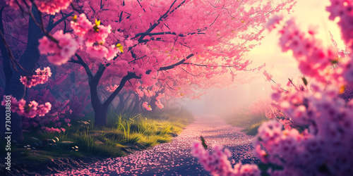 Frühlingsallee mit rosa Blüten