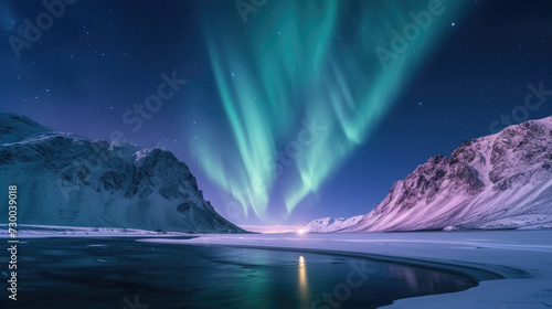 Stunning Aurora Borealis in bright colors over a serene snowy mountain landscape, northern lights streaming down the towering peaks