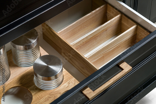 Wood kitchen drawer organizer, utensil holder for kitchen tools or bathroom, furniture details