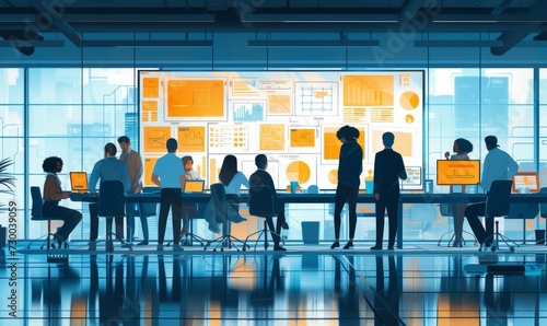 compelling artwork illustrating teamwork in action, with a group of professionals from various backgrounds huddled over a shared vision, plotting strategies on a transparent glass board, in a sleek