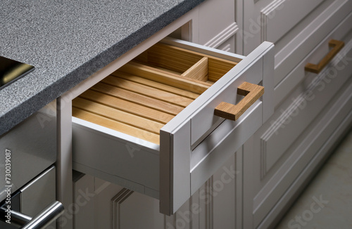Wood kitchen drawer organizer, utensil holder for kitchen tools or bathroom, furniture details