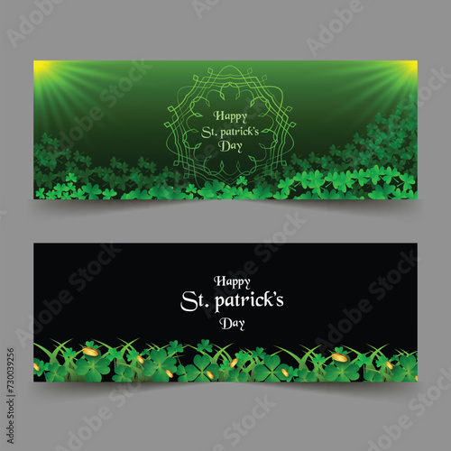 Saint patrick's day holiday with a pot of gold, shamrock, clover leaf on green background. photo