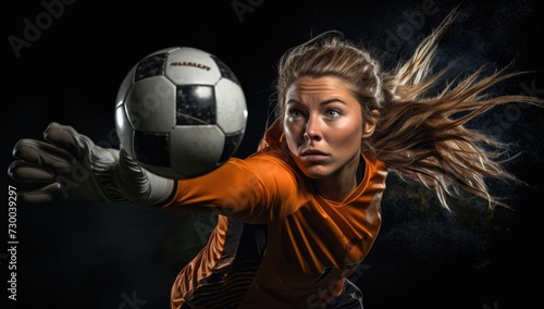 The soccer goalkeeper, a woman of skill and determination, makes a confident catch, safeguarding her team's position. © Murda
