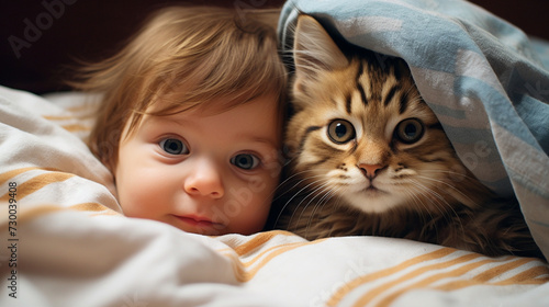 Small child lies on a bed with a cat. Kitten and baby childhood friendship. Baby and cat. Child and Kitten lying together on the bed