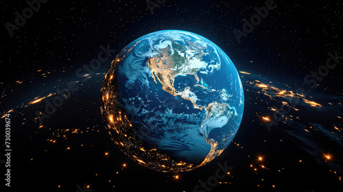 Planet Earth radiates a captivating glow against the dark cosmos, highlighted by the bustling city lights, illustrating the planet's vitality and the expanse of human civilization seen from space.