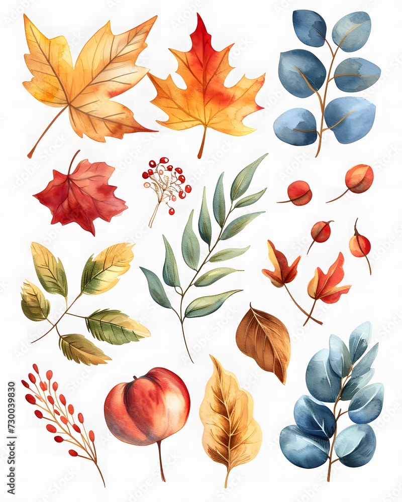 watercolor clip art set of autumn seasons leaves