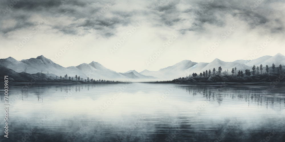 High Detail Black And White Mountain And Lake Vector, Realistic Fantasy Black And White Watercolor Drawing Of Mountain Lake, 
