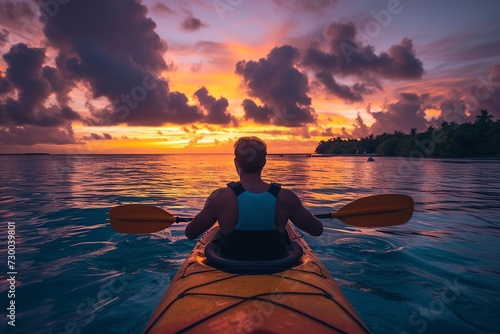 Solo Kayaker in Caribbean Bay at Dawn: A Serene Rear View