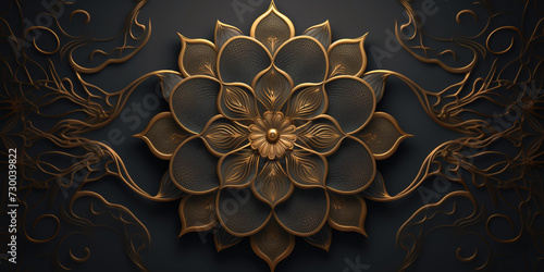 A gold and black background with a gold medallion and the word gold on it .Circle pattern petal flower of mandala with gold floral mandala patterns unique design with black background hand , 
 photo