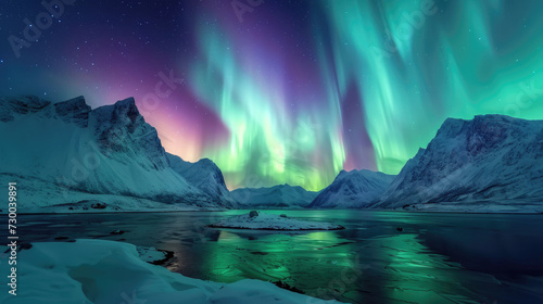 Stunning Aurora Borealis in bright colors over a serene snowy mountain landscape, northern lights streaming down the towering peaks © boxstock production