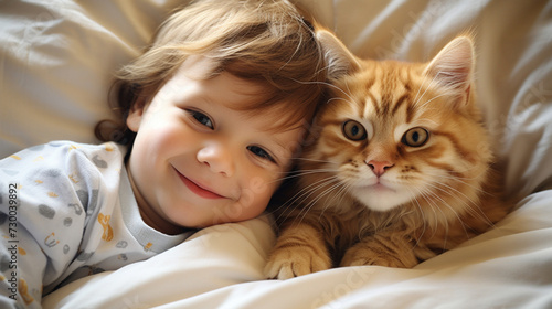 Small child lies on a bed with a cat. Kitten and baby childhood friendship. Baby and cat. Child and Kitten lying together  on  the  bed