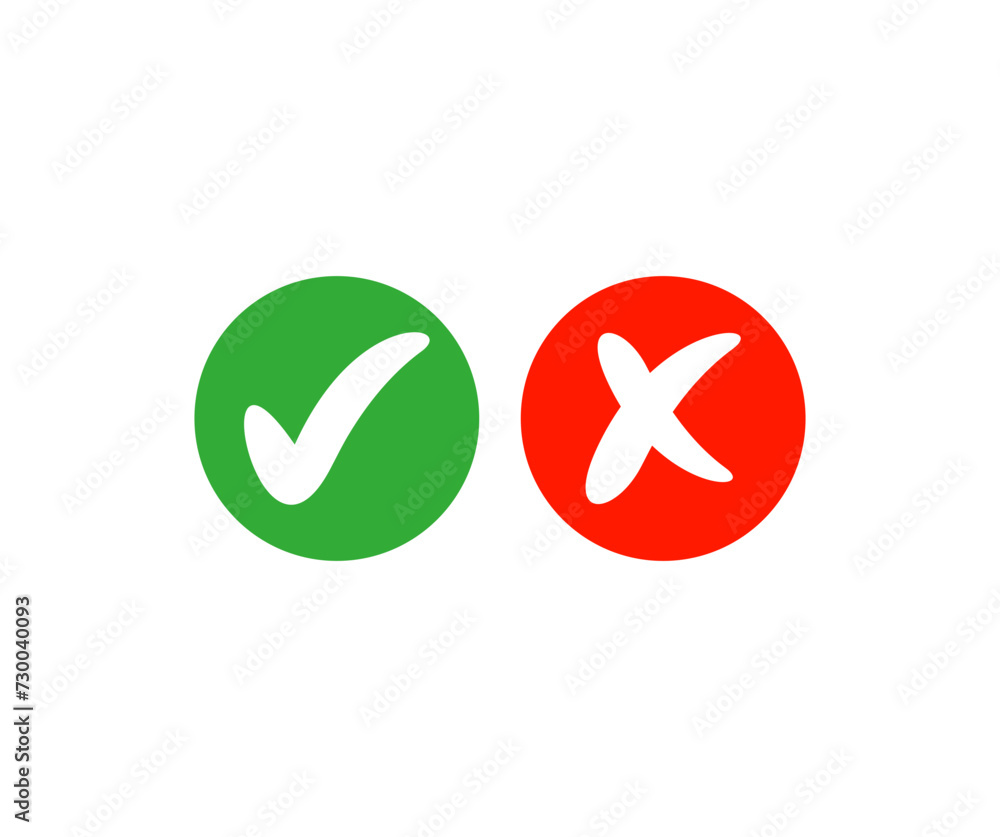 Check mark and cross icon. Checklist signs, flat checkmark approval badge, red cross vector design and illustration.
Check mark and cross icon. Checklist signs, flat checkmark approval badge, red cross vector design and illustration.