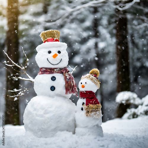 冬の森にある、可愛い雪だるまの親子 © n.s