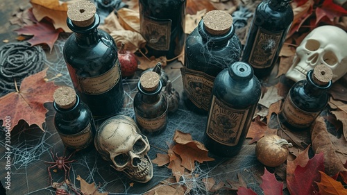 Vintage Apothecary Halloween Setup with Skull and Spider Webs