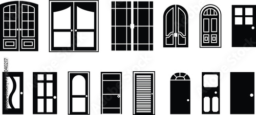 Set of Door icons . Entry illustration signs. room symbols. Emergency exit symbols. Door in trendy fill style isolated on transparent background. door symbols for your web site designs, logo, app, UI.