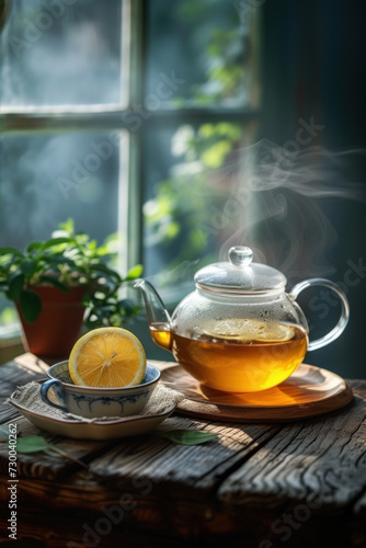 Glass teapot with brewed tea and lemon on wooden table by the window