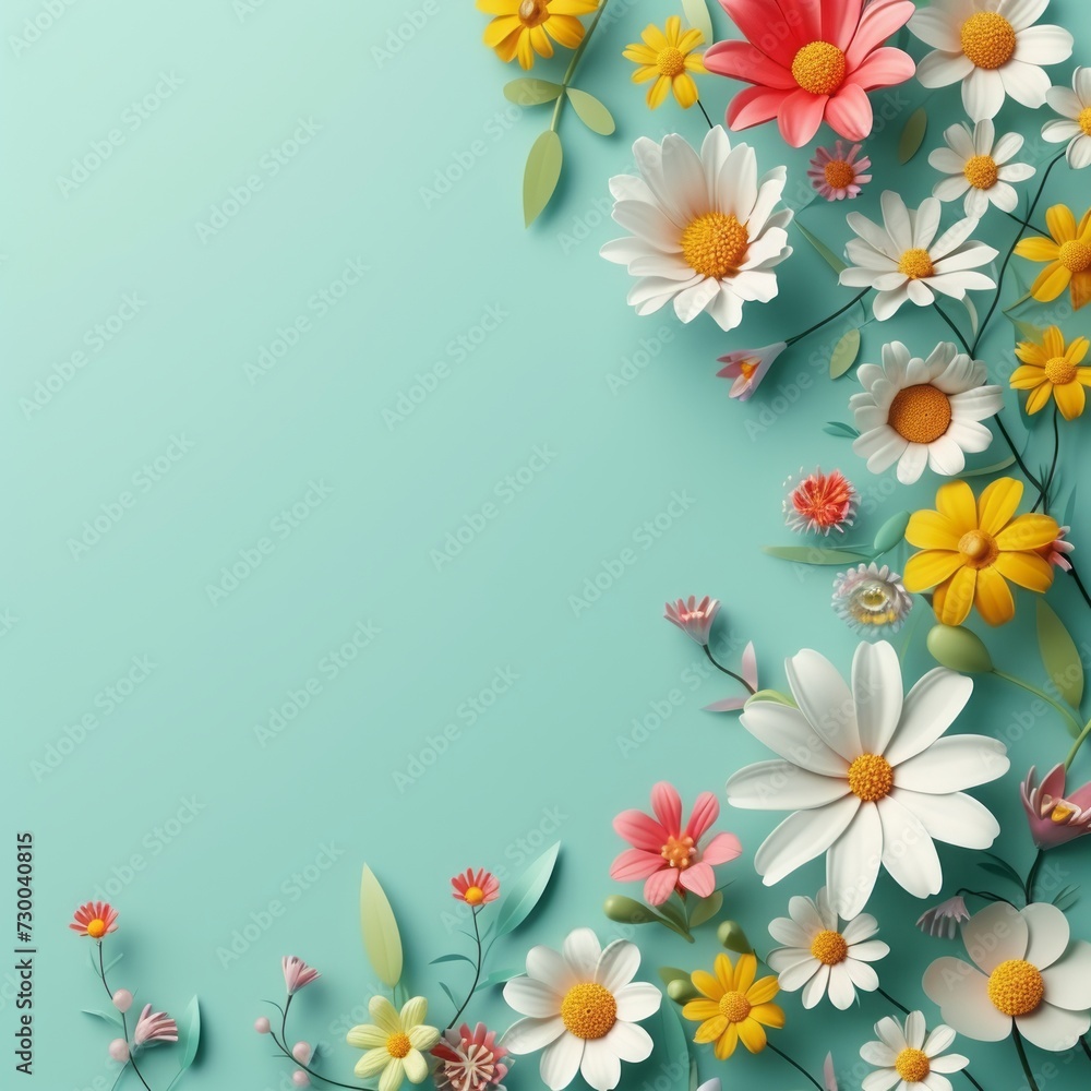 Naklejka premium flowers on mint background illustration with space for text.