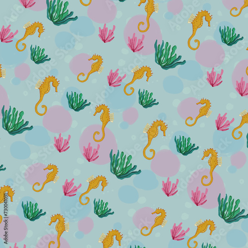 seamless pattern watercolor with seahorse and coral