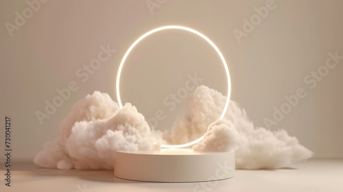 White round podium pedestal, glowing rim frame and clouds on beige background for product presentation or showcase empty mock up © eireenz