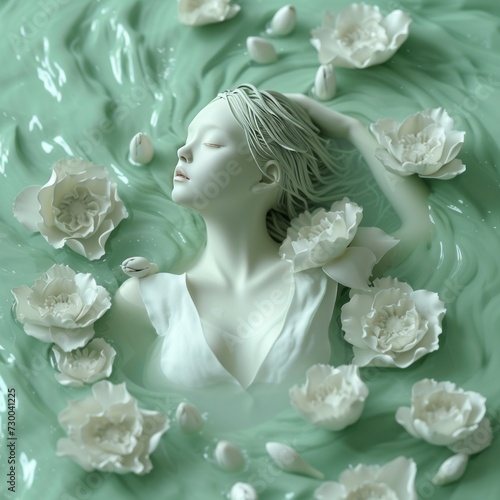 white girl in water with flowers 3D illustration. © Yahor Shylau 